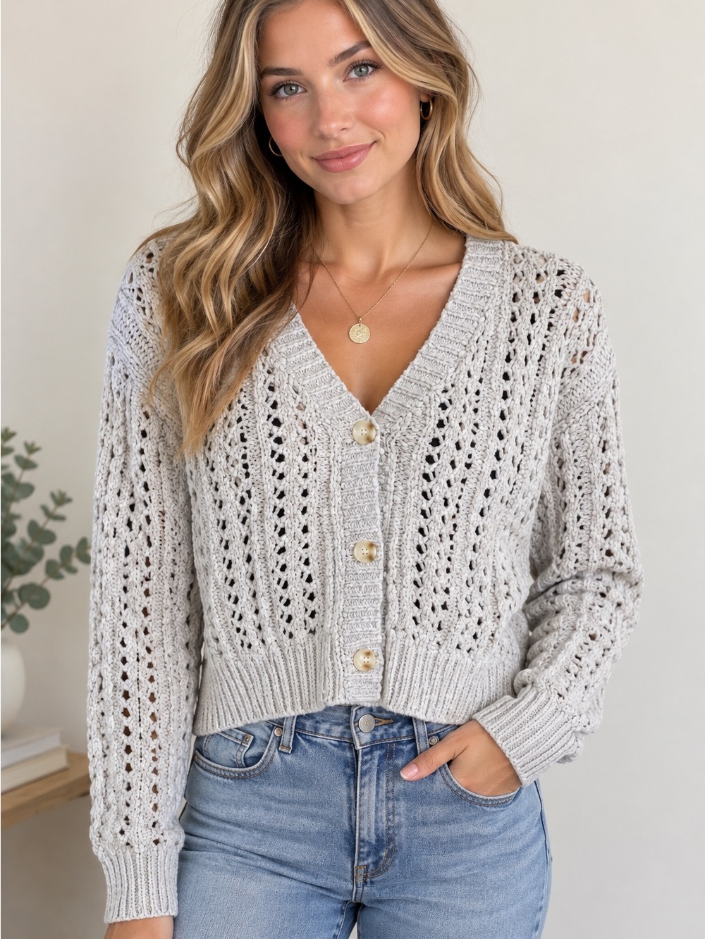 All in Favor Gray Open Knit V-Neck Button Front Cardigan Size Large Crochet Crop
